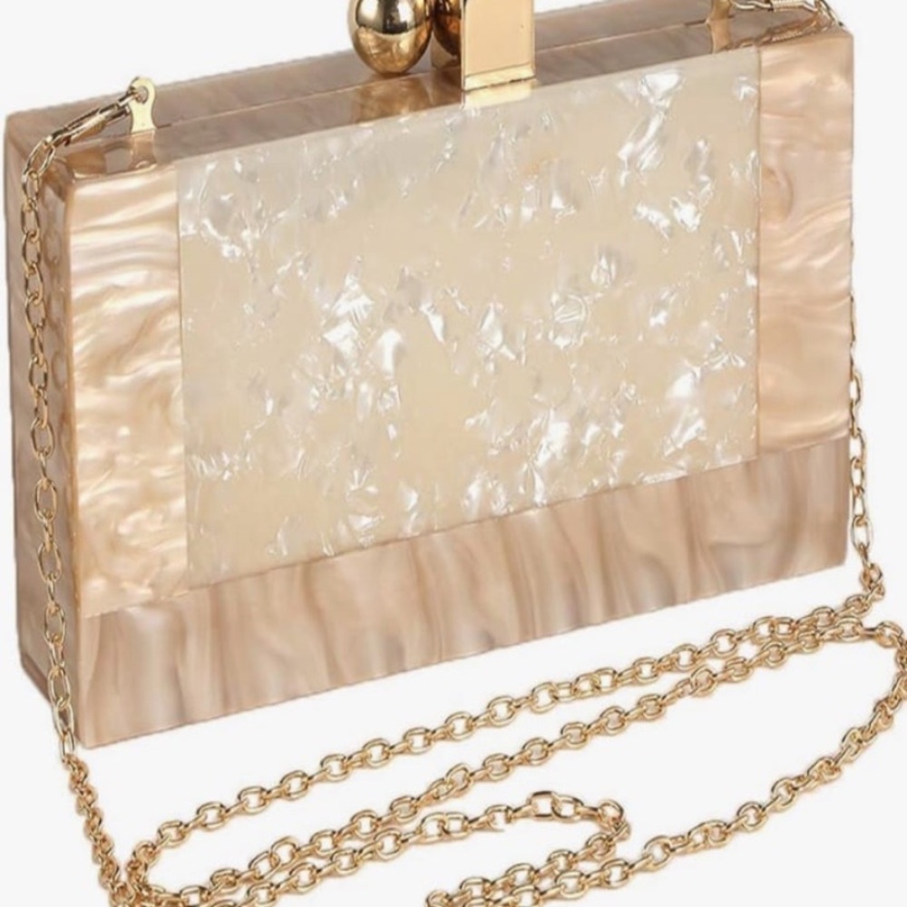 Menurra Acrylic Box Clutch Champagne Cream w/ Glossy Marble Handbag w/Gold Chain - Picture 9 of 12